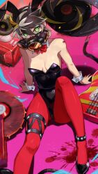 1girl absurdres animal_ears anklet blonde_hair blood blood_splatter brown_hair duel_monster fake_animal_ears green_eyes grey_hair guitar high_heels highres hsin instrument jewelry killer_tune_red_seal leotard mask multicolored_hair pantyhose playboy_bunny rabbit_ears red_pantyhose respirator solo standing standing_on_one_leg streaked_hair wrist_cuffs yu-gi-oh!