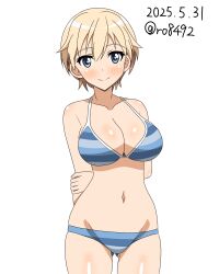 1girl arms_behind_back bikini blonde_hair blue_eyes blue_stripes blush brave_witches breasts cleavage closed_mouth collarbone dated highres large_breasts looking_at_viewer navel nikka_edvardine_katajainen ryohei-0617 short_hair signature simple_background smile solo striped_bikini striped_clothes swimsuit white_background world_witches_series