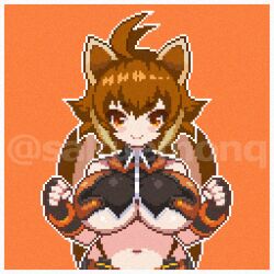 1girl animal_ears bare_shoulders blazblue breasts brown_hair crop_top fingerless_gloves gloves large_breasts looking_at_viewer makoto_nanaya orange_background pixel_art sakuemon short_hair sleeveless squirrel_ears squirrel_tail tail underboob upper_body