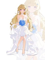 1girl alternate_costume bare_shoulders blonde_hair bouquet breasts choker closed_mouth collarbone commentary dress english_commentary flower gloves hair_ornament high-low_dress high_heels highres holding holding_bouquet large_breasts long_hair looking_at_viewer phoebe_(wuthering_waves) purple_eyes scio_12 shoes simple_background smile solo strapless strapless_dress very_long_hair wedding_dress white_background white_choker white_dress white_gloves white_shoes wuthering_waves x_hair_ornament zoom_layer