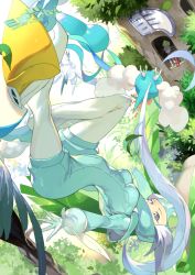 1boy 1girl altaria artist_name bird_keeper_(pokemon) breasts day e_volution eyelashes falling_leaves floating_hair gen_2_pokemon gen_3_pokemon gloves grey_eyes grey_hair gym_leader helmet leaf long_hair natu nintendo outdoors pelipper pokemon pokemon_(creature) pokemon_oras skarmory swablu tree tropius upside-down winona_(pokemon)