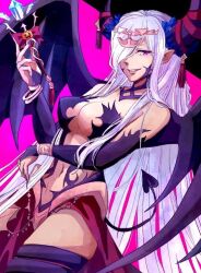 1girl asymmetrical_horns bare_shoulders bat_wings breasts bridal_gauntlets cleavage cowboy_shot crystal demon_girl demon_tail demon_wings detached_sleeves dragon_girl fire_emblem fire_emblem_engage hair_ornament hair_over_one_eye halloween_costume horns large_breasts long_hair looking_at_viewer mature_female navel nintendo open_mouth pelvic_curtain pointy_ears pumpkin purple_eyes purple_nails purple_ribbon revealing_clothes ribbon simple_background smile solo sturm_fe_k11 tail tan tassel tassel_hair_ornament thighs uneven_horns very_long_hair wings zephia_(fire_emblem)