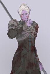 1girl absurdres armor baldur&#039;s_gate baldur&#039;s_gate_3 blood blood_on_clothes blood_on_face cowboy_shot dark_elf dungeons_&amp;_dragons dungeons_&amp;_dragons elf grey_background hair_bun hand_up highres holding holding_weapon jiangxing looking_to_the_side minthara pauldrons pointy_ears red_eyes short_hair shoulder_armor sideways_glance simple_background single_hair_bun solo standing weapon white_hair