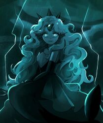 1girl black_gloves black_pearl_cookie buttercream9627 colored_skin cookie_run cookie_run:_kingdom crown curly_hair elbow_gloves fins gem gloves head_fins highres humanization long_hair looking_at_viewer mermaid monster_girl pearl_(gemstone) slit_pupils solo strapless tiara very_long_hair white_hair