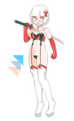 Rule 34 | 1girl, black-framed eyewear, breasts, chikuwa fan973, commission, elbow gloves, full body, glasses, gloves, grin, highres, holding, holding sword, holding weapon, looking at viewer, navel, original, parted lips, red eyes, red gloves, semi-rimless eyewear, sharp teeth, shirt, short hair, small breasts, smile, solo, sword, teeth, thighhighs, under-rim eyewear, weapon, white shirt, white thighhighs