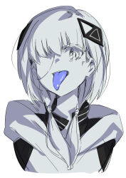 Rule 34 | 1girl, absurdres, bad id, bad twitter id, blue tongue, colored tongue, cropped shoulders, diamond hair ornament, greyscale, hair over shoulder, highres, hood, hood down, hooded jacket, jacket, kaf (kamitsubaki studio), kamitsubaki studio, long tongue, looking at viewer, low twintails, monochrome, open mouth, simple background, smile, solo, spot color, toki (asunan6618), tongue, tongue out, twintails, upper body