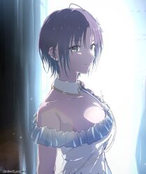1girl absurdres ahoge asakura_toru asymmetrical_clothes backstage beyond_the_bluesky_(idolmaster) commentary dress earrings frilled_dress frills highres idolmaster idolmaster_shiny_colors jewelry light_smile looking_at_viewer misaki_nonaka official_alternate_costume purple_hair short_hair solo stud_earrings twitter_username upper_body