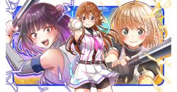 3girls ahoge arihara_tsubasa aura ball baseball baseball_(object) baseball_bat baseball_uniform belt belt_buckle belt_pouch bike_shorts_under_skirt black_belt black_gloves black_hair black_nails black_pouch black_shorts black_undershirt blonde_hair blue_eyes blunt_bangs border bow brown_hair buckle cinderella_series closed_mouth detached_sleeves double_bun fingerless_gloves gloves green_eyes hachigatsu_no_cinderella_nine hair_between_eyes hair_bow hair_bun hanako_(akatsuki) holding holding_ball holding_baseball_bat long_hair looking_at_viewer metal_baseball_bat multicolored_hair multiple_girls nara_kurumi neckerchief nishinomiya_arisu non-web_source official_art open_mouth outside_border outstretched_arm pink_neckerchief playing_sports pleated_skirt pouch purple_hair reaching reaching_towards_viewer red_eyes satogahama_baseball_uniform shirt shirt_under_shirt short_hair short_sleeves shorts skirt sleeveless sleeveless_shirt smile sportswear standing star_(symbol) star_in_eye striped_belt striped_clothes striped_shirt symbol_in_eye tongue tongue_out v-shaped_eyebrows vertical-striped_clothes vertical-striped_shirt white_border yellow_bow