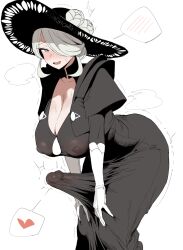 1futa absurdres black_dress black_hat blush breasts bulge cleavage cogita_(pokemon) commentary covered_erect_nipples dress erection erection_under_clothes futanari grey_eyes hair_over_one_eye hat highres large_penis looking_at_viewer mature_female nintendo open_mouth penis pokemon pokemon_legends:_arceus precum precum_through_clothes short_hair simple_background smile solo spoken_blush standing white_background white_hair xipa