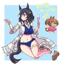 2girls a_rusuzuki animal_ears bikini black_hair blue_bikini blue_eyes blue_nails bracelet braid breasts chain champagne_flute chibi cleavage closed_mouth cup drinking_glass ear_ornament eishin_flash_(reines_plaetschern)_(umamusume) eishin_flash_(umamusume) frilled_bikini frills full_body gold_chain groin horse_ears horse_girl horse_tail jewelry jumping long_sleeves looking_afar looking_to_the_side medium_breasts medium_hair multiple_girls nail_polish navel necklace official_alternate_costume official_alternate_hairstyle robe sandals side_braid smart_falcon_(umamusume) smile solo_focus swimsuit tail umamusume wavy_hair white_robe