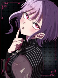 1girl :3 amoris_(bang_dream!) bang_dream! bang_dream!_it&#039;s_mygo!!!!! bead_necklace beads breasts commentary_request earrings highres index_finger_raised inset_border jewelry long_sleeves looking_at_viewer medium_breasts necklace open_mouth pink_eyes purple_hair short_hair solo tsuyudashimirin upper_body yuutenji_nyamu