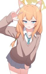 1girl alternate_costume animal_ear_fluff animal_ears blue_archive blue_eyes braid brown_sweater_vest commentary_request grey_skirt halo highres long_hair looking_at_viewer mari_(blue_archive) minamino_3730 orange_hair school_uniform shirt simple_background single_braid skirt solo sweater_vest w white_background white_shirt yellow_halo