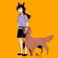 Rule 34 | 1girl, air shakur (umamusume), animal ears, animalization, black hair, black shoes, black shorts, closed mouth, commentary request, dog, fine motion (umamusume), full body, horse ears, horse girl, horse tail, long hair, looking afar, onikobe rin, orange background, purple shirt, sharp teeth, shirt, shoes, short sleeves, shorts, simple background, solo, spiked hair, standing, tail, teeth, umamusume