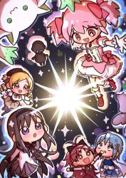 +_+ 6+girls a-q_(madoka_magica) akemi_homura anger_vein annoyed antenna_hair bags_under_eyes beret black_background black_bow black_capelet black_corset black_dress black_gloves black_hair black_hairband black_hat black_pantyhose black_shirt black_shoes black_wrist_cuffs blonde_hair blue_eyes blue_hair blue_skirt blue_sleeves bow bow_choker bowtie bubble_skirt buttons cape capelet center_frills chest_jewel chibi choker cleavage_cutout clothing_cutout collared_dress corset cross-laced_shoes detached_sleeves dress drill_hair drop_shadow excited fang fingerless_gloves flower_hairpin footwear_bow frilled_dress frilled_shirt frilled_skirt frilled_sleeves frilled_socks frills furrowed_brow gem gloves glowing grey_sleeves grey_thighhighs hair_bow hairband happy hat hat_feather highres kaname_madoka kneehighs layered_sleeves long_hair long_sleeves magical_girl mahou_shoujo_madoka_magica mahou_shoujo_madoka_magica_magia_exedra mary_janes miki_sayaka miniskirt mu0_0gi multiple_girls namae_(magia_exedra) nighthawk_(madoka_magica) outstretched_arms pantyhose pink_bow pink_dress pink_gemstone pink_hair pleated_skirt ponytail puffy_long_sleeves puffy_short_sleeves puffy_sleeves punching purple_bow purple_bowtie purple_capelet purple_eyes purple_skirt red_bow red_choker red_dress red_eyes red_gemstone red_hair red_shoes sakura_kyoko shirt shoes short_dress short_hair short_sleeves short_twintails sidelocks skirt skirt_under_dress sleeveless sleeveless_dress socks solid_oval_eyes sparkle sparkling_eyes stomach_cutout strapless strapless_shirt thighhighs tomoe_mami twin_drills twintails two-tone_capelet two-tone_shirt very_long_hair waist_bow white_cape white_dress white_eyes white_gloves white_shirt white_skirt white_sleeves white_socks wide-eyed wrist_cuffs yellow_bow yellow_bowtie yellow_eyes yellow_skirt