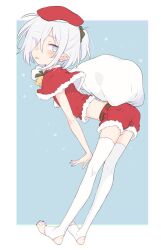 Rule 34 | 1girl, ass, azuma shino, bag, bell, blue eyes, capelet, christmas, hat, heterochromia, highres, jingle bell, midriff, nail polish, nowareno (azuma shino), pointy ears, red hat, sack, snowflakes, stirrup legwear, thighhighs, toeless legwear, toenail polish, toenails, tongue, tongue out, white hair