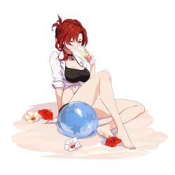 Rule 34 | 1girl, alcohol, ball, barefoot, beach, beachball, bikini, black bikini, black choker, breasts, champagne, champagne flute, choker, cici, closed mouth, cup, drinking glass, flower, full body, holding, holding cup, honkai (series), honkai impact 3rd, large breasts, looking at viewer, mole, mole on breast, murata himeko, murata himeko (black mamba), official art, one eye closed, red flower, red hair, sand, shirt, smile, soles, solo, swimsuit, toes, white flower, white shirt, yellow eyes, yellow flower