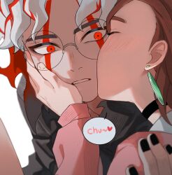 Rule 34 | 1boy, 1girl, ayase momo, black choker, black jacket, black nails, blush, brown hair, choker, close-up, closed eyes, commentary, dandadan, earrings, floating earrings, gakuran, glasses, hair behind ear, hand on another&#039;s cheek, hand on another&#039;s face, heart, highres, jacket, jewelry, kiss, kissing cheek, long sleeves, looking at another, multicolored hair, parted lips, pink sweater, red eyes, red hair, round eyewear, school uniform, short hair, surprise kiss, surprised, sweater, takakura ken (dandadan), takakura ken (transformed) (dandadan), transformation, two-tone hair, upper body, white background, white hair, wolf6481