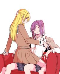 2girls bang_dream! barefoot blazer blonde_hair bowwow_(hamju94) brown_dress couch dress girl_on_top hair_ribbon hanasakigawa_school_uniform haneoka_school_uniform jacket long_hair looking_at_viewer looking_back medium_hair multiple_girls necktie on_couch open_clothes open_jacket plaid_clothes plaid_skirt purple_hair red_eyes ribbon sailor_collar school_uniform seta_kaoru shirasagi_chisato sitting skirt undone_necktie white_ribbon white_sailor_collar yuri