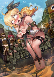 3girls 6+boys :o armband barefoot bdsm bikini blonde_hair bondage boots bound bound_ankles bound_arms bound_wrists breasts brown_hair camouflage camouflage_bikini captured day defeat dog_tags explosive fio_germi full_body highres imminent_death kaneeru kasamoto_eri knee_pads large_breasts long_hair looking_down metal_slug military_uniform mine_(weapon) multiple_boys multiple_girls nadia_cassel outdoors peril prisoner_of_war_(metal_slug) rebel_soldier_(metal_slug) red_hair sand side-tie_bikini_bottom snk swimsuit variant_set