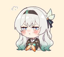 1girl blush blush_stickers brown_hairband brown_jacket chibi cropped_jacket crying crying_with_eyes_open detached_sleeves eeeeekyawaiii firefly_(honkai:_star_rail) gradient_eyes gradient_hair green_pupils grey_hair hair_between_eyes hair_intakes hair_ornament hair_ribbon hairband honkai:_star_rail honkai_(series) jacket long_hair multicolored_eyes multicolored_hair neckerchief orange_neckerchief pout ribbon simple_background solo tears white_sleeves yellow_background