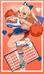 1girl :d absurdres alternate_costume armpits ass blonde_hair bow breasts cheerleader clothes_writing dark-skinned_female dark_elf dark_skin elf english_text full_body hair_bow high_ponytail highres hololive huge_breasts kani_bonara long_hair looking_at_viewer midriff miniskirt multicolored_hair navel open_mouth orange_eyes pointy_ears pom_pom_(cheerleading) ponytail shiranui_flare shoes sidelocks skirt smile sneakers socks solo streaked_hair virtual_youtuber