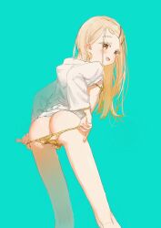 Rule 34 | 1girl, absurdres, alternate costume, anus, arisu syndrome, ass, bare legs, bikini, bikini bottom pull, blonde hair, blush, breasts, butt crack, colored eyelashes, commentary request, feet out of frame, gakuen idolmaster, gold bikini, green background, highres, hood, hooded jacket, idolmaster, jacket, kneepits, long hair, looking at viewer, looking back, orange eyes, petite, shinosawa hiro, simple background, small breasts, smile, solo, straight hair, swimsuit, white jacket