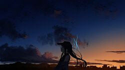 1girl absurdres baseball_cap black_hair blue_archive cloud commentary_request facing_to_the_side halo hat highres kani_etizen03 long_hair mountainous_horizon night night_sky orange_sky scenery sky skyline twilight
