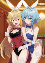 Rule 34 | 2girls, :o, ahoge, animal ear hairband, animal ears, anime coloring, bare shoulders, black leotard, blonde hair, blue bow, blue bowtie, blue leotard, blush, bow, bowtie, breasts, cleavage, collarbone, cone hair bun, cowboy shot, fake animal ears, fake tail, green eyes, hair between eyes, hair bun, hairband, highleg, highleg leotard, hikikomari kyuuketsuki no monmon, large breasts, leotard, long hair, multiple girls, open mouth, playboy bunny, rabbit ear hairband, rabbit ears, rabbit tail, red bow, red bowtie, red eyes, sample watermark, shitaya tomoyuki, small breasts, tail, terakomari gandezblood, thighs, villhaze, watermark, white wrist cuffs, wrist cuffs