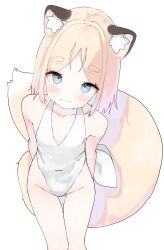 1girl absurdres animal_ear_fluff animal_ears blonde_hair blue_eyes breasts child collarbone covered_navel feet_out_of_frame fox_ears fox_girl fox_tail gingerbullet highres light_blush looking_at_viewer medium_hair one-piece_swimsuit original parted_bangs simple_background small_breasts smirk solo swimsuit tail thick_eyebrows white_background white_one-piece_swimsuit