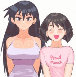 Rule 34 | 2girls, azumanga daiou, black eyes, black hair, bob cut, breasts, cleavage, clothes writing, english text, expressionless, inkerton-kun, kaori (azumanga daioh), large breasts, long hair, multiple girls, pink shirt, sakaki (azumanga daioh), shirt, smile