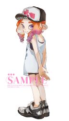 Rule 34 | 1girl, arms behind back, baseball cap, bike shorts, closed mouth, drill hair, gradient hair, grey shoes, hat, highres, long hair, looking at viewer, multicolored hair, nintendo, octoling, octoling girl, octoling player character, orange hair, pink hair, print hat, print shirt, purple eyes, sample watermark, shirt, shoes, simple background, sleeveless, sleeveless shirt, solo, splatoon (series), splatoon 3, tentacle hair, thick eyebrows, twin drills, two-tone hair, watermark, white background, white hat, white shirt, zeqwq