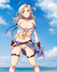 1girl adapted_costume ahoge beach belt bikini bikini_bottom_only blue_sky blush breasts brown_gloves buckle cameltoe closed_mouth cloud cruiser day female_focus fingerless_gloves gloves gluteal_fold green_eyes groin hand_on_own_thigh hand_on_thigh historical_name_connection imperial_japanese_navy kantai_collection kinugasa_(cruiser) kinugasa_(kancolle) large_breasts long_hair looking_at_viewer military military_vehicle name_connection navel object_namesake ocean one_side_up personification pink_hair sameha_ikuya ship skindentation sky smile solo stomach swimsuit thigh_strap vehicle_and_personification warship watercraft yellow_bikini