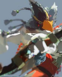 1boy aiming aiming_at_viewer beak bird_boy blue_fur blurry body_fur bow_(weapon) braid depth_of_field furry furry_male grey_background highres holding holding_bow_(weapon) holding_weapon looking_at_viewer male_focus nintendo redum4 revali rito simple_background solo the_legend_of_zelda the_legend_of_zelda:_breath_of_the_wild twin_braids weapon