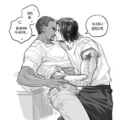 Rule 34 | 2boys, bucky barnes, commentary request, cowboy shot, dark-skinned male, dark skin, facial hair, fingernails, greyscale, highres, korean commentary, korean text, llilillliilliil, looking at another, male focus, marvel, marvel cinematic universe, monochrome, multiple boys, open mouth, pants, prosthesis, prosthetic arm, sam wilson, shirt, short hair, short sleeves, simple background, speech bubble, standing, star (symbol), sweatdrop, t-shirt, translation request, yaoi