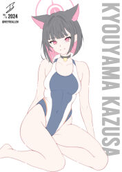 1girl absurdres alternate_costume animal_ears bare_legs bare_shoulders barefoot black_choker black_hair blue_archive blunt_bangs blunt_ends bob_cut breasts bright_pupils cat_choker cat_ears cat_girl character_name choker closed_mouth collarbone colored_inner_hair commentary competition_swimsuit covered_navel english_commentary extra_ears eyelashes full_body groin hair_behind_ear hair_intakes halo highleg highleg_one-piece_swimsuit highres kazusa_(blue_archive) looking_at_viewer medium_breasts multicolored_hair one-piece_swimsuit pink_hair pink_halo realen red_eyes short_hair signature simple_background sitting smile solo split_mouth straight_hair swimsuit thighs twitter_username two-tone_hair white_background yokozuwari