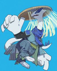 belt black_eyes blue_background blue_scarf clothed_pokemon commentary_request creatures_(company) full_body game_freak gen_2_pokemon green_belt legendary_pokemon lugia nintendo no_humans open_mouth pants pokemon pokemon_(creature) pokemon_focus sagemaru-br scarf seigaiha simple_background solo