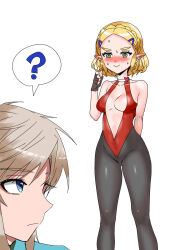 1boy 1girl ? arm_behind_back black_pantyhose blonde_hair blue_eyes blush braid breasts brown_gloves closed_mouth commentary_request cosplay crown_braid cutie_honey cutie_honey_(character) cutie_honey_(character)_(cosplay) fingerless_gloves gloves green_eyes hand_up highres leotard link medium_breasts nintendo pantyhose plunging_neckline pointy_ears princess_zelda red_leotard short_hair simple_background leotard smile solo_focus sound_effects spoken_question_mark sweat the_legend_of_zelda the_legend_of_zelda:_tears_of_the_kingdom wasabi_(legemd) white_background x-ray