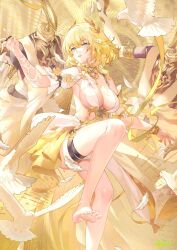 aglaea_(honkai:_star_rail) atdan barefoot bird blonde_hair bodypaint breasts chain cleavage column dove dress feathers gold_chain hair_ornament highres honkai:_star_rail honkai_(series) large_breasts laurel_crown looking_at_viewer mannequin nail_polish pillar revealing_clothes ribbon shoulder_strap solo tattoo
