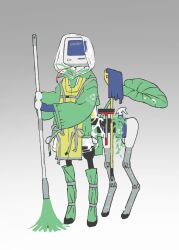 Rule 34 | 1other, arrow (symbol), bottle, broom, cable, centauroid, crt, english text, facing ahead, full body, gradient background, green sleeves, grey background, high-visibility clothing, high-visibility vest, highres, holding, holding mop, hood, hood up, humanoid robot, leaf, long sleeves, mop, object head, original, pelvic curtain, recycling symbol, robot, rullulalla rull, science fiction, simple background, solo, spray bottle, squeegee, standing, strap, taur, vest, wide sleeves, yellow vest