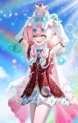 1girl absurdres animal animal_on_head aqua_bow aqua_bowtie aqua_eyes aqua_hair armpits bow bowtie bubble commentary_request dress drill_hair hat highres honkai:_star_rail honkai_(series) hyacine_(honkai:_star_rail) little_ica_(honkai:_star_rail) maru_(est3562) medium_hair multicolored_hair on_head open_mouth pantyhose pegasus pink_hair rainbow red_dress red_hat smile twin_drills two-tone_hair white_pantyhose