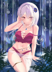 1girl absurdres bare_shoulders blurry blurry_foreground blush breasts cleavage closed_mouth commentary_request depth_of_field flower forest hair_between_eyes hair_flower hair_ornament hairband hairclip highres jewelry long_hair looking_at_viewer medium_breasts nature navel necklace nekouta ongeki outdoors red_eyes see-through_clothes smile solo sumeragi_setsuna sumeragi_setsuna_(swimsuit) tree