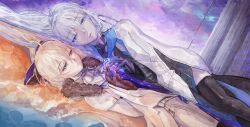 2girls absurdres aesc_(fate) aesc_(savior)_(fate) black_bow black_gloves blonde_hair blue_eyes bow dual_persona eienuta fate/grand_order fate_(series) fur_trim gloves hair_between_eyes hair_bow highres long_hair morgan_le_fay_(fate) morgan_le_fay_(queen_of_winter)_(fate) multiple_girls white_hair
