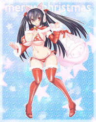 1girl animal_ear_headphones animal_ears bikini black_hair boots breasts cat_ear_headphones christmas emil_chronicle_online fake_animal_ears gift headphones highres large_breasts navel plump red_eyes santa_bikini santa_costume serizawa_(knight2020) standing swimsuit syugoma_kanade thigh_boots twintails