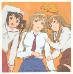 2000s_(style) 3girls ahoge album_cover animal arms_up blonde_hair blue_skirt breasts brown_eyes brown_hair brown_thighhighs collared_shirt copyright_name copyright_notice cover fanged_bangs flat_chest floor from_below fujioka-kuma_(minami-ke) hand_on_another&#039;s_shoulder hand_on_own_stomach hand_up highres huge_ahoge indoors large_breasts long_hair long_sleeves looking_at_viewer lying minami-ke minami_chiaki minami_haruka minami_kana multiple_girls necktie official_art on_back on_floor open_mouth plaid_clothes plaid_skirt red_necktie red_skirt ribbon scan school_uniform serafuku shirt siblings sisters skirt small_breasts smile stuffed_animal stuffed_toy teddy_bear thighhighs twintails white_ribbon white_serafuku wooden_floor