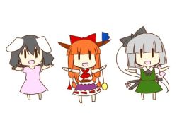 3girls animal_ears animated animated_gif black_hair chibi female_focus ibuki_suika inaba_tewi konpaku_youmu konpaku_youmu_(ghost) lowres multiple_girls orange_hair rabbit_ears silver_hair simple_background tokachi_tsukuchite touhou tsurupettan white_background |_|