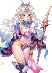 Rule 34 | 1girl, armor, bikini armor, blue cape, boots, breasts, cape, character request, circlet, copyright request, earrings, fingerless gloves, fingernails, gloves, grey hair, highres, holding, holding staff, jewelry, knee pads, long fingernails, long hair, looking at viewer, matsuda (matsukichi), medium breasts, navel, pointy ears, purple gloves, reaching, reaching towards viewer, red eyes, revealing clothes, signature, solo, staff, standing, standing on one leg, teeth, thigh boots, upper teeth only, very long hair, white background