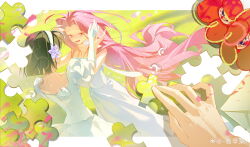 2girls absurdres alien_stage black_hair chinese_commentary choker clematis_(flower) commentary dress flower gloves hair_flower hair_ornament hairband highres jigsaw_puzzle juan_xin_cai long_hair mizi_(alien_stage) multiple_girls open_mouth pink_hair puffy_short_sleeves puffy_sleeves purple_flower puzzle puzzle_piece red_flower short_hair short_sleeves smile sua_(alien_stage) very_long_hair watermark weibo_watermark white_choker white_dress white_gloves white_hairband yellow_eyes