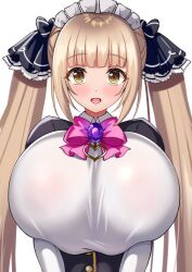 1girl alternate_costume apron black_ribbon blonde_hair blunt_bangs blush bow bowtie breasts chartina_luitgard collar_jewel commentary elbow_gloves enmaided femme_de_menage_maid_academy_uniform frilled_apron frills gem gloves hair_ribbon highres huge_breasts long_hair look-alike looking_at_viewer maid maid_headdress milk_factory motto!_haramase!_honoo_no_oppai_isekai_chou_ero_succubus_gakuen! motto!_haramase!_honoo_no_oppai_isekai_oppai_maid_gakuen! open_mouth pink_bow pink_bowtie purple_brooch purple_gemstone ribbon sidelocks smile solo tosyaobuura twintails very_long_hair white_gloves yellow_eyes