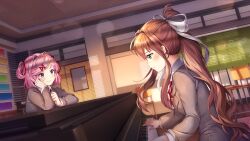 2girls arm_rest blazer blush bow breasts brown_hair brown_sweater_vest chair chalkboard classroom collared_shirt commentary curled_fingers desk doki_doki_literature_club doki_doki_literature_club_plus doki_doki_literature_club_school_uniform door dot_nose double-parted_bangs dress_shirt dutch_angle elbow_rest english_commentary eyebrows_hidden_by_hair fingernails floating_hair from_side game_cg green_eyes grey_jacket hair_bow hair_intakes hair_ornament hair_ribbon half-closed_eyes hand_on_own_cheek hand_on_own_face head_on_hand high_ponytail highres instrument jacket large_bow leaning_forward leaning_on_object lens_flare long_eyelashes long_sidelocks long_sleeves looking_at_another lucidsky matching_hair/eyes medium_breasts monika_(doki_doki_literature_club) multiple_girls music natsuki_(doki_doki_literature_club) neck_ribbon non-web_source official_art parted_bangs piano pink_eyes pink_hair playing_instrument playing_piano ponytail profile red_ribbon ribbon satchely school school_desk school_uniform shirt short_hair sidelocks sitting small_breasts smile squchan sunlight sweater_vest thick_eyelashes two_side_up upper_body white_bow white_shirt wide-eyed window_shadow wing_collar wooden_floor x_hair_ornament
