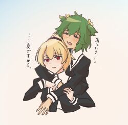 2girls =_= ando_tazusa antenna_hair assault_lily black_ribbon black_skirt blonde_hair blue_background blush brown_background chin_rest closed_eyes commentary_request cropped_jacket cropped_torso fang gradient_background green_hair hair_between_eyes hair_ribbon hand_on_another&#039;s_arm hands_up head_on_head head_rest high-waist_skirt high_ponytail highres hot hug hug_from_behind juliet_sleeves long_sleeves looking_ahead marukame_ten multiple_girls open_mouth parted_lips ponytail puffy_sleeves raised_eyebrows red_eyes ribbon school_uniform short_hair skin_fang skirt translated two_side_up upper_body yellow_ribbon yoshimura_thi_mai yuri yurigaoka_girls_academy_school_uniform